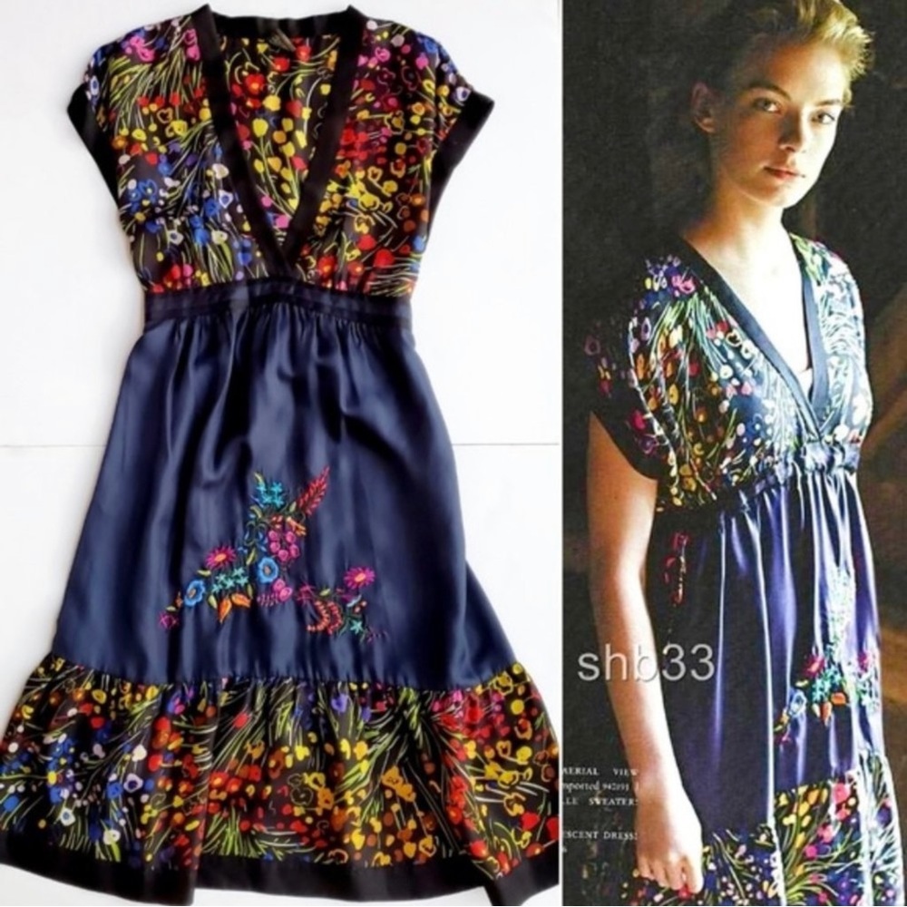 S O L D Fei Anthropologie Efflorescent 100% Silk Blue Floral Dress V-Neck Large - Picture 15 of 16